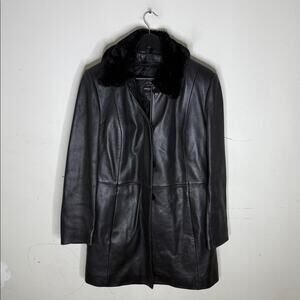Valerie Stevens Black Leather Faux Fur Collar Button Front Jacket Size Small